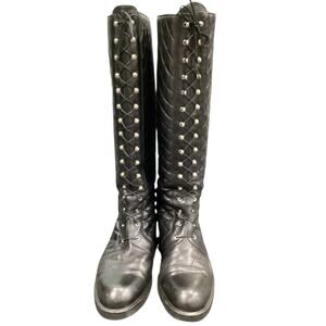 VTG Bally Boots Women Size 9.5 High Boots Quilted Leather Tie Up Zippers Black